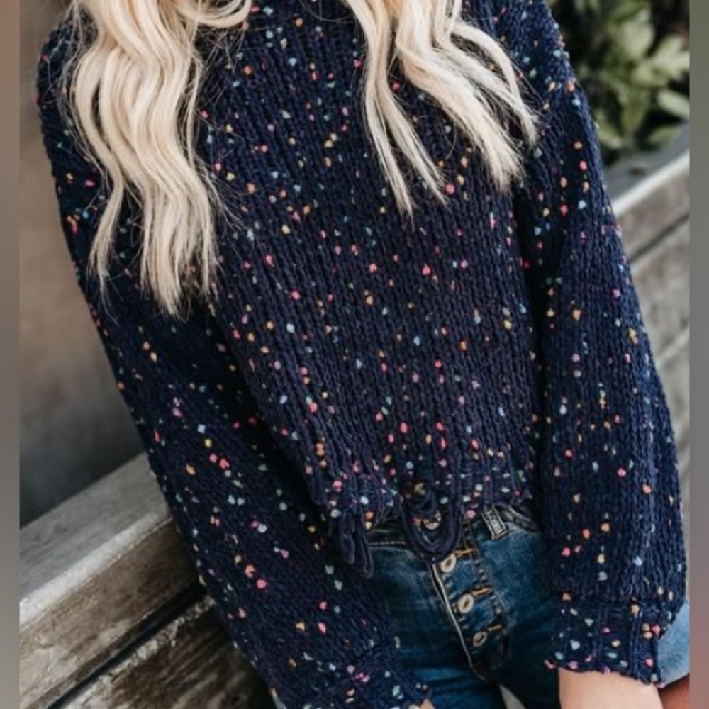 Vici Throw Confetti Distressed Off The Shoulder Sweater- Navy